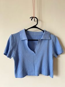 Blue Ribbed Polo Top
