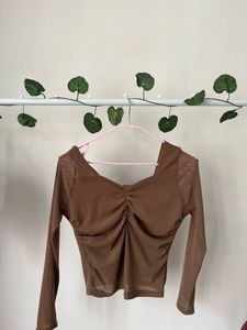 Brown Ruched Mesh Top