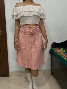 Pink  Skirt and  white frill top