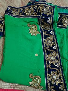 Green Saree with Navy Velvet Border