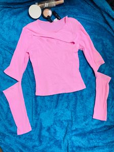 H&M Women Pink Ribbed Cut Out Top