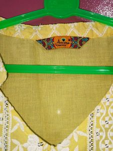 Yellow &amp; White Embroidered Pant Kurti Suit With Du