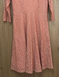 Coral Peach Lace Flare Dress With Half Sleeves