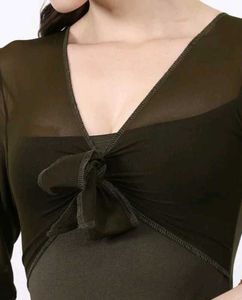 Shein Bell Sleeve Mesh Overlay Front Tie-Up Leotar