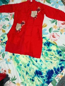 Red Kurti with Tie-Dye Pants
