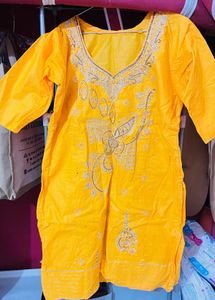 Embroidered Yellow Cotton Fabric Suit With Duppata
