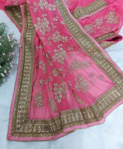 Golden Embroidered Rose Pink Georgette Saree