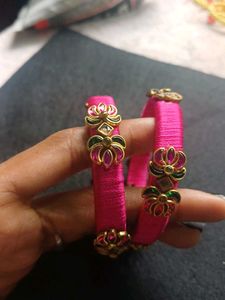 Vibrant Pink Silk Thread Bangle Set with Floral Em