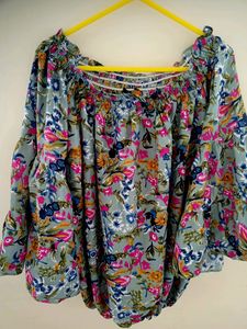 Bell Sleeves Printed Women's Blue Top