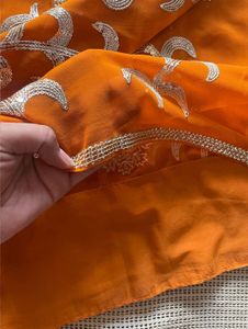 Orange Sequinned Heavy Saree