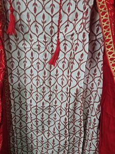 Red Gold Printed With False Jacket Style Kurti