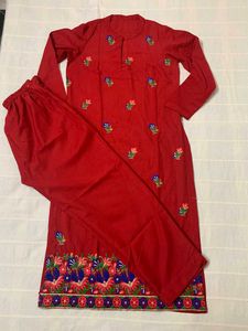 Kashmiri Red Embroidered Kurta Pant Set