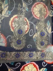 Royal Blue And Grwy Saree