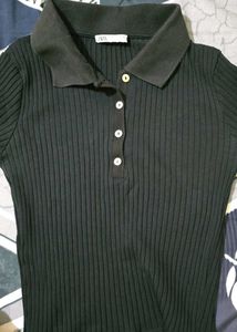 Zara Black Ribbed Polo Top