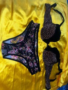 Black net panty with animal print soft padded bra