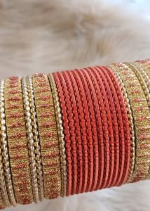 Orange and Gold Metal Bangles Set Of 48
