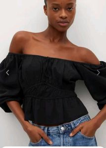 Women Cotton Black Striped Seersucker Bardot Top