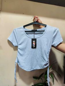 Sky Blue Ribbed Tie-Side Crop Top