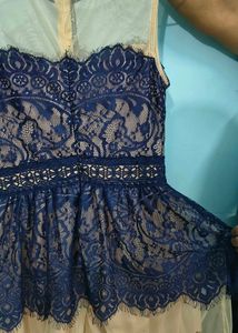 Stylish Lace Overlay Dress – Blue &amp; Nude