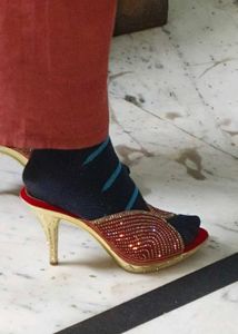 Red &amp; Gold Bejeweled Mules