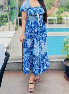 Blue Paisley Print Smocked Maxi Dress