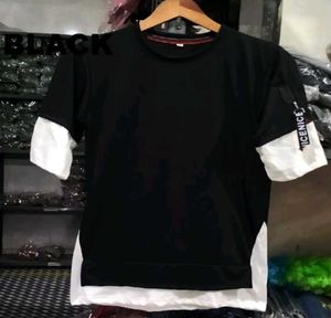 Layered Look Black T-Shirt with White Sleeve Detai