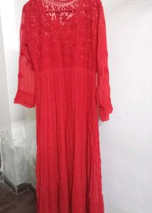 Red Chikankari Georgette Anarkali Kurta With Inner