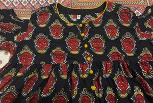 Handblock-Style Ethnic Black Kurta Tribal Face