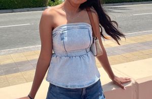 Denim Tube Top with Peplum Hem