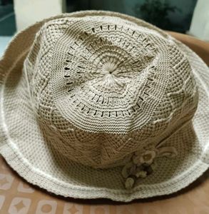 Tan Crochet Sun Hat with Floral Detail