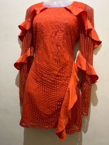 Koovs Branded Orange Ruffle Long Sleeve Dress