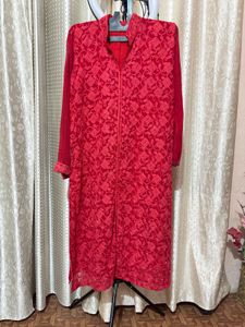 Red Chickankari Suit Set.