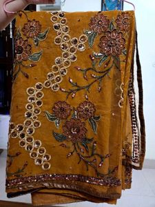 Embroidered Mustard Saree