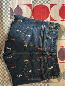 Denim Shorts with Seahorse Embroidery