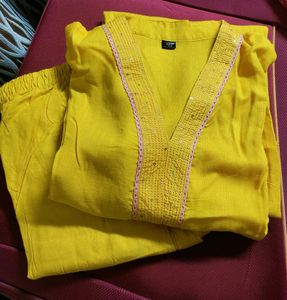 Mustard Yellow Kurta Pant Set With Hand Embroidery