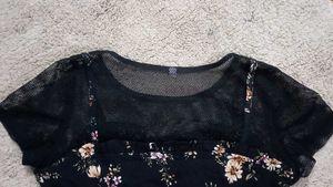Floral Print Crop Top with Mesh Trim