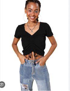 Black V-Neck Ruched Top