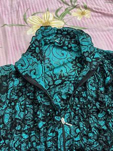 Lace Zip Up Goth Jacket Top Black &amp; Teal