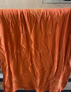 Rust Orange Rayon Mukaish Chikankari Kurta