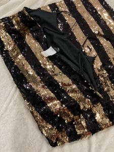 Gold Sequin Striped Knee Length Dress