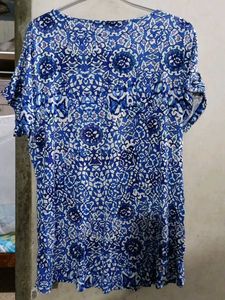 Blue Patterned Cold Shoulder Top