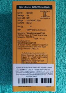 Wipro 9W B22D WiFi LED Smart Bulb with Music Sync Function, Compatible with Amazon Alexa and Google Assistant (16M Colours, Warm White/Neutral White/White + Dimmable) Pack of 1