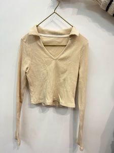 Beige Ribbed Collared Top