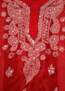Red Mirror Work Chikankari Kurti