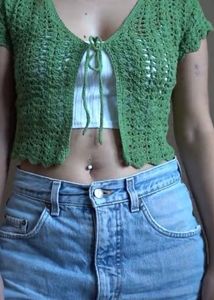 Green Crochet Tie-Front Cardigan
