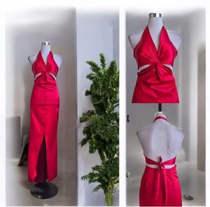 red satin halter dress with a front twist & Cutout