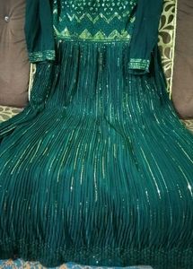Chikankari Sequins Embellished Bottle Green Gown