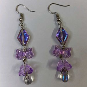 Handmade Bow Earrings with Drop - Purple