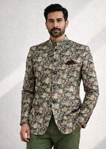 Stylish Floral Print Bandhgala Blazer