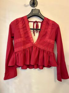 Red lace trim long sleeve top